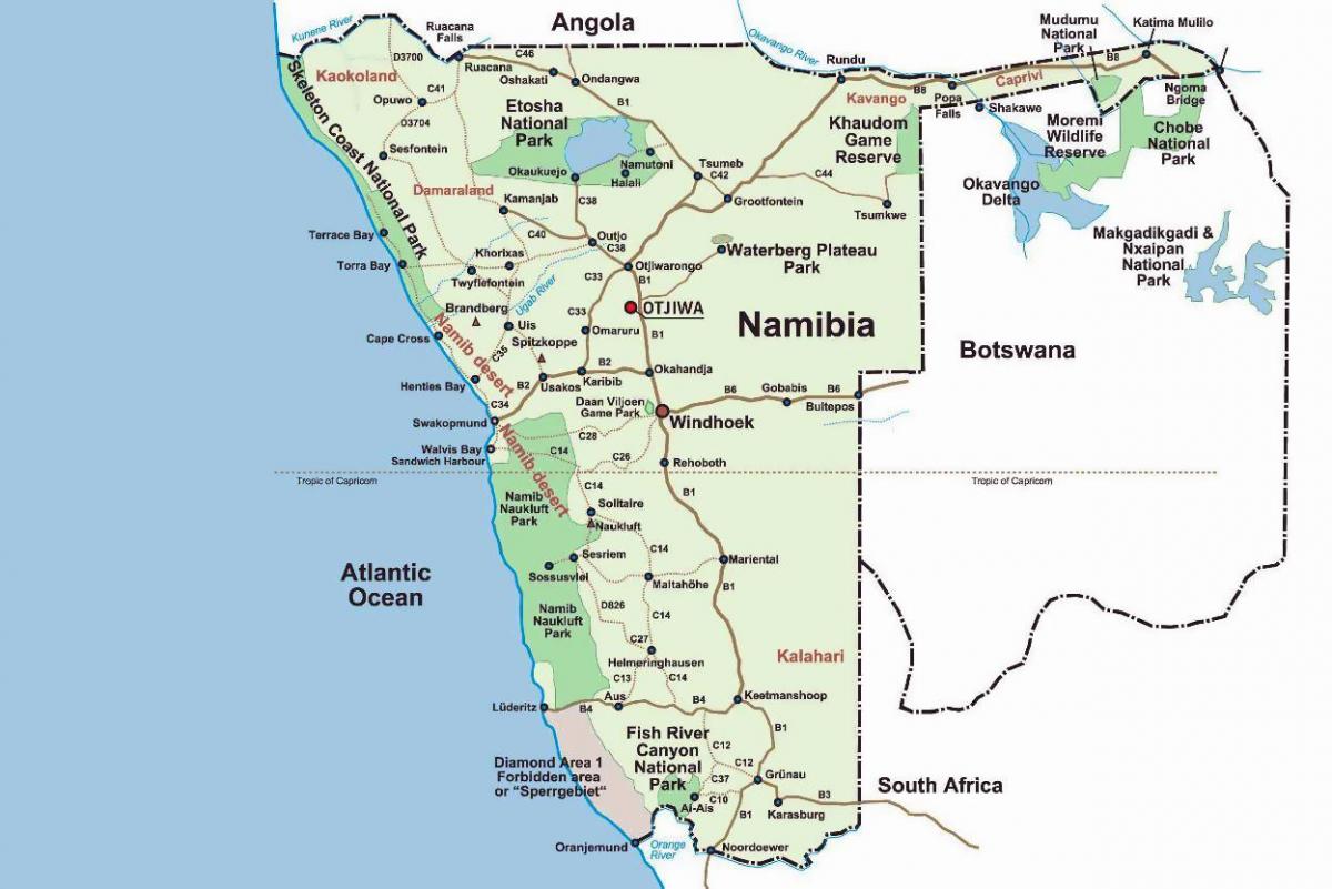 կմախք ափին Նամիբիայի քարտեզի վրա