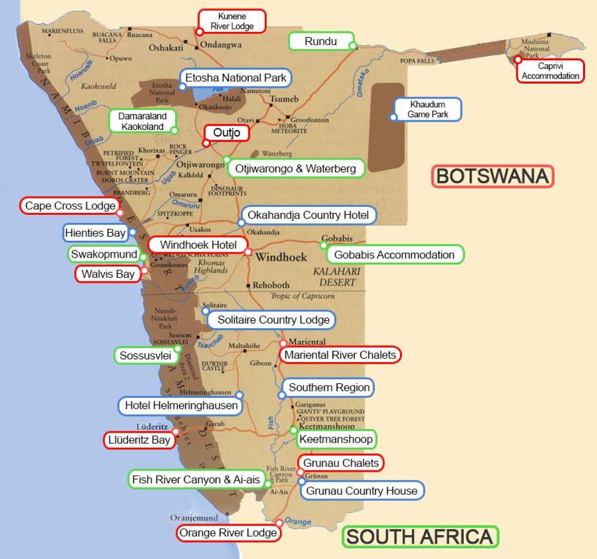 քեմպինգներ Նամիբիայում քարտեզի վրա